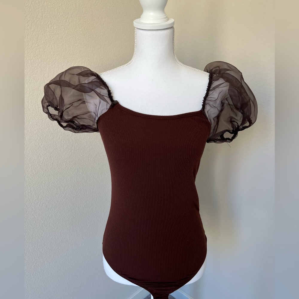 Altar’d State Sheer Puff Sleeve Bodysuit Black